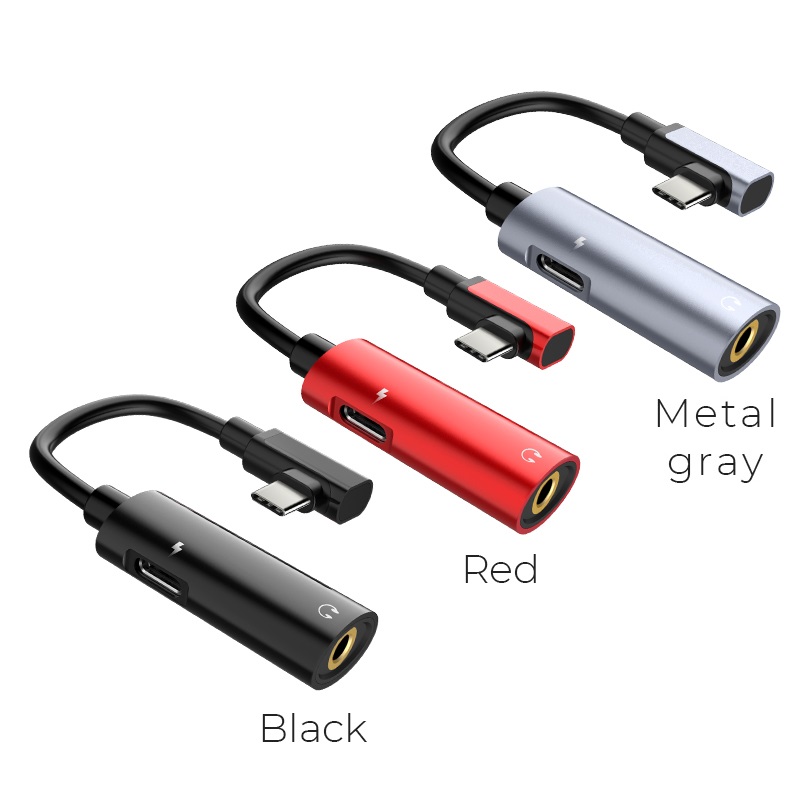 Переходник, аудио адаптер  HOCO LS19, аудио конвертер 2 в 1 Type-C на наушники jack 3.5 и USB Type-C 1.5A, цвет красный.