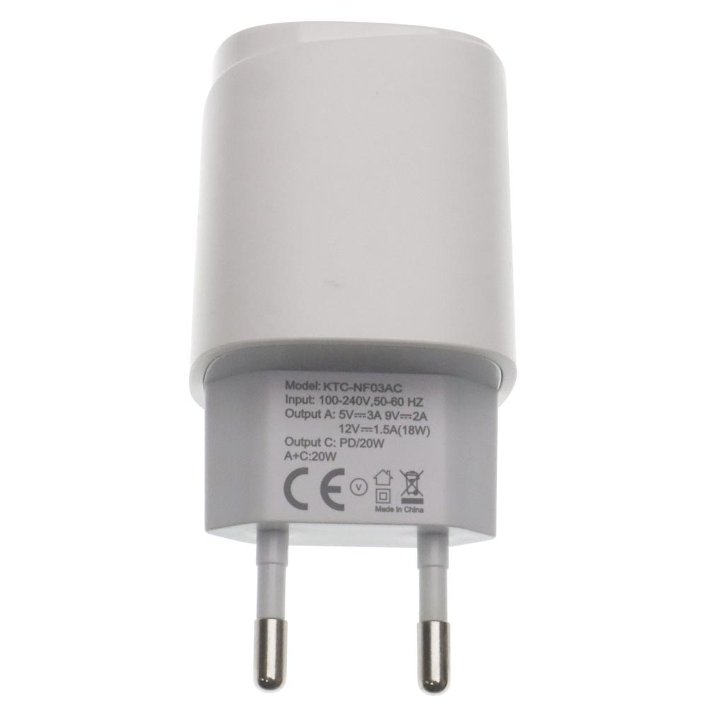 СЗУ (Сетевое зарядное устройство) KOOSDA KTC-NF03 с кабелем USB A на USB Type C, 20W, 1 USB A, 1 USB Type C, PD20W, QC3.0, длина 1 метр, цвет белый