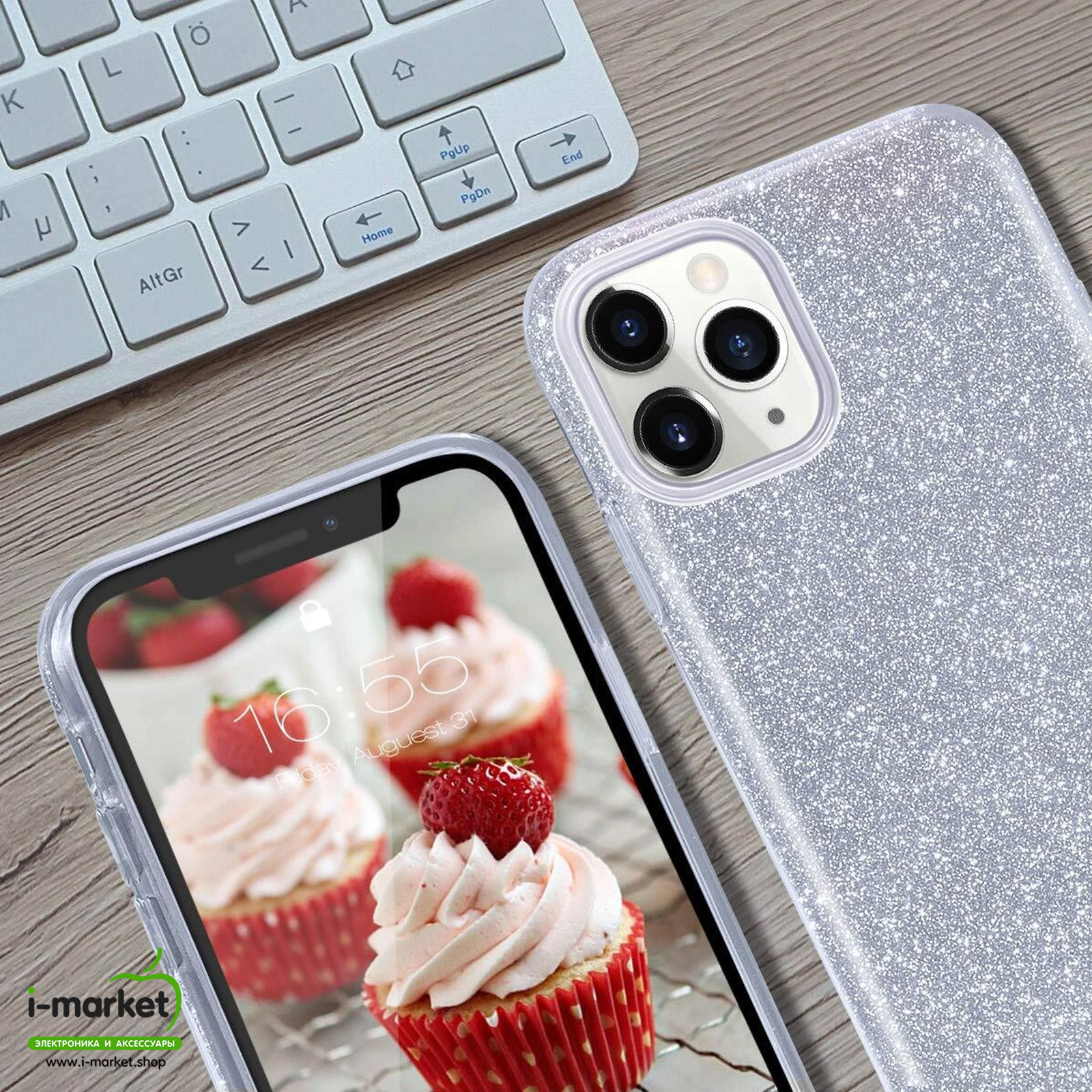 Чехол накладка Shine для APPLE iPhone 11 Pro Max, силикон, блестки, цвет серебристый