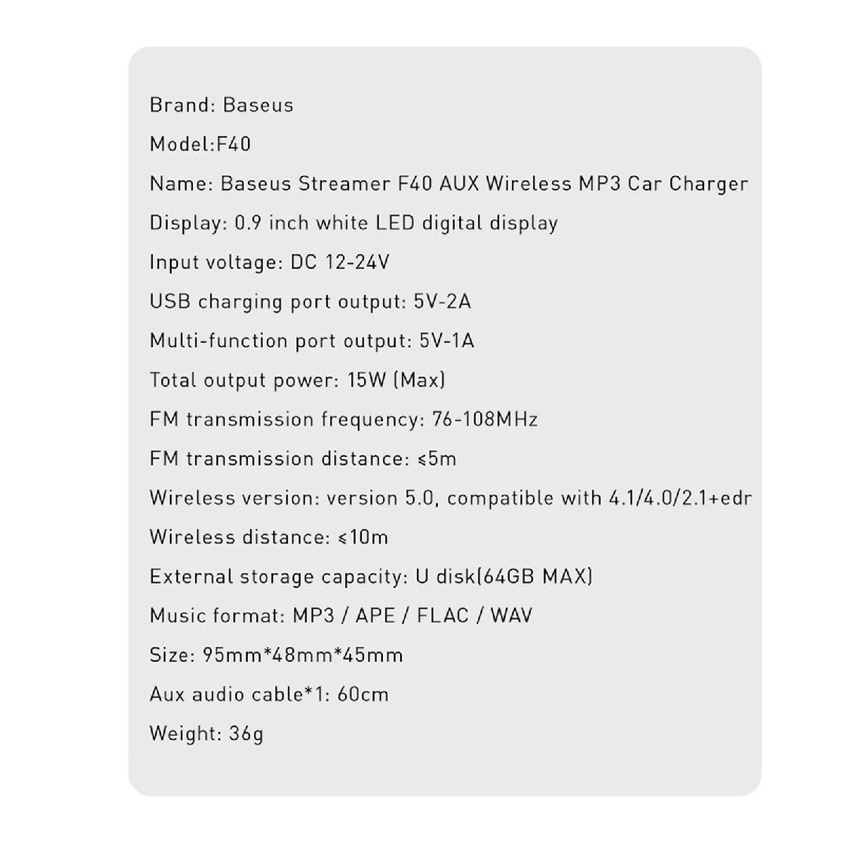 АЗУ (Автомобильное зарядное устройство) Baseus Streamer F40, AUX, Wireless MP3, Bluetooth аудио трансмиттер, цвет черный (распродажа -50%)