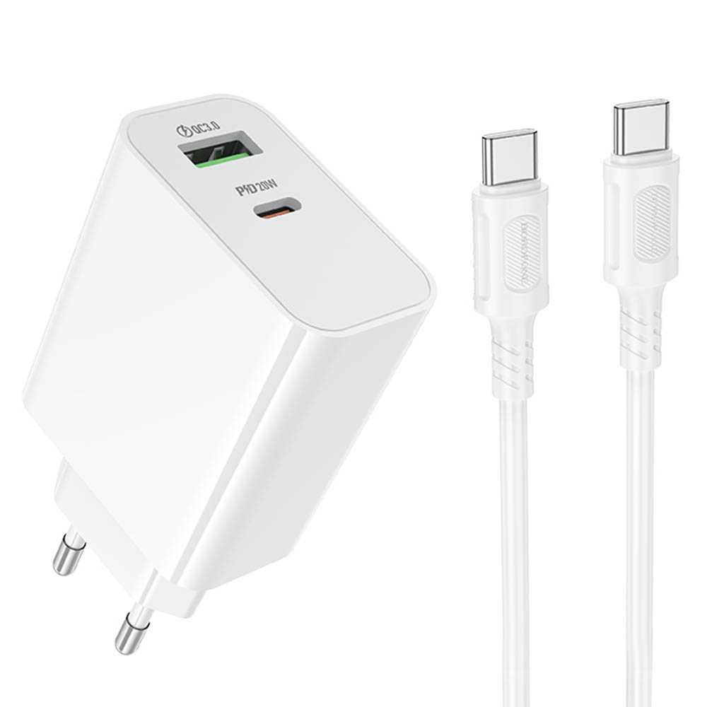 СЗУ (Сетевое зарядное устройство) c кабелем Type C на Type C BOROFONE BA106A Stellar, 20W, 1 USB A 18W, 1 USB Type C 20W, PD20W, QC3.0, длина 1 метр, цвет белый
