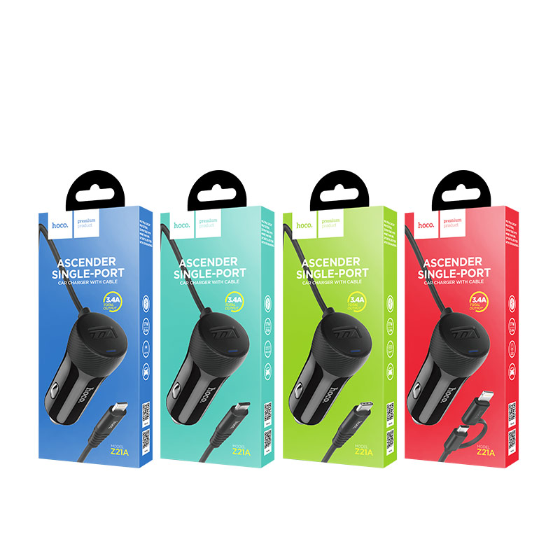 АЗУ (Автомобильное зарядное устройство) HOCO Z21A, 1 USB порт, встроенный кабель APPLE lightning 8 pin, 2.4A, цвет черный