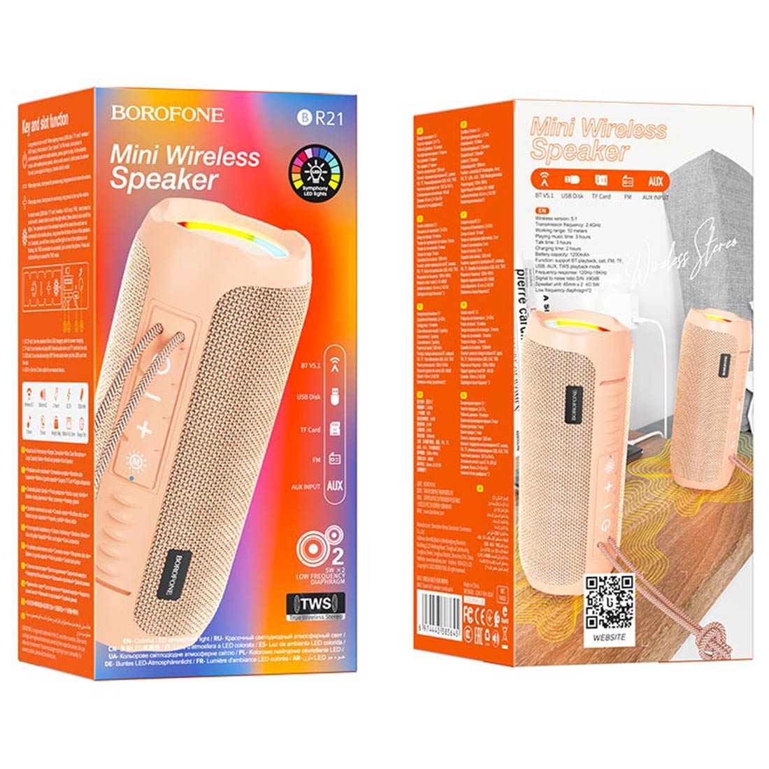 Портативная колонка BOROFONE BR21, Bluetooth, TF Card, AUX, FM, USB, LED подсветка, цвет розовый