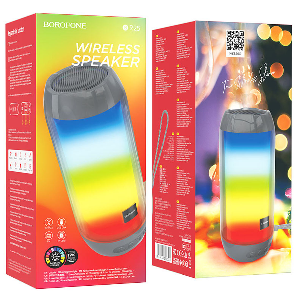 Портативная колонка BOROFONE BR25 Crazy, RGB подсветка, цвет серый (распродажа -50%)