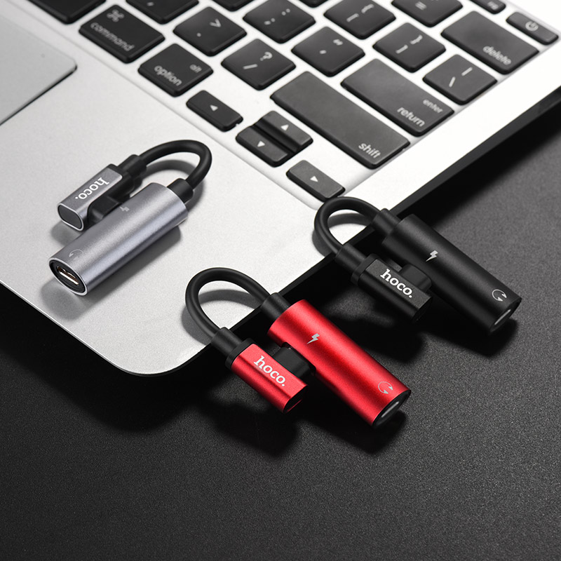 HOCO LS18 адаптер / конвертер /  аудио преобразователь для APPLE lightning 8-pin на наушники 8 pin и зарядный кабель 8 pin, цвет черный.