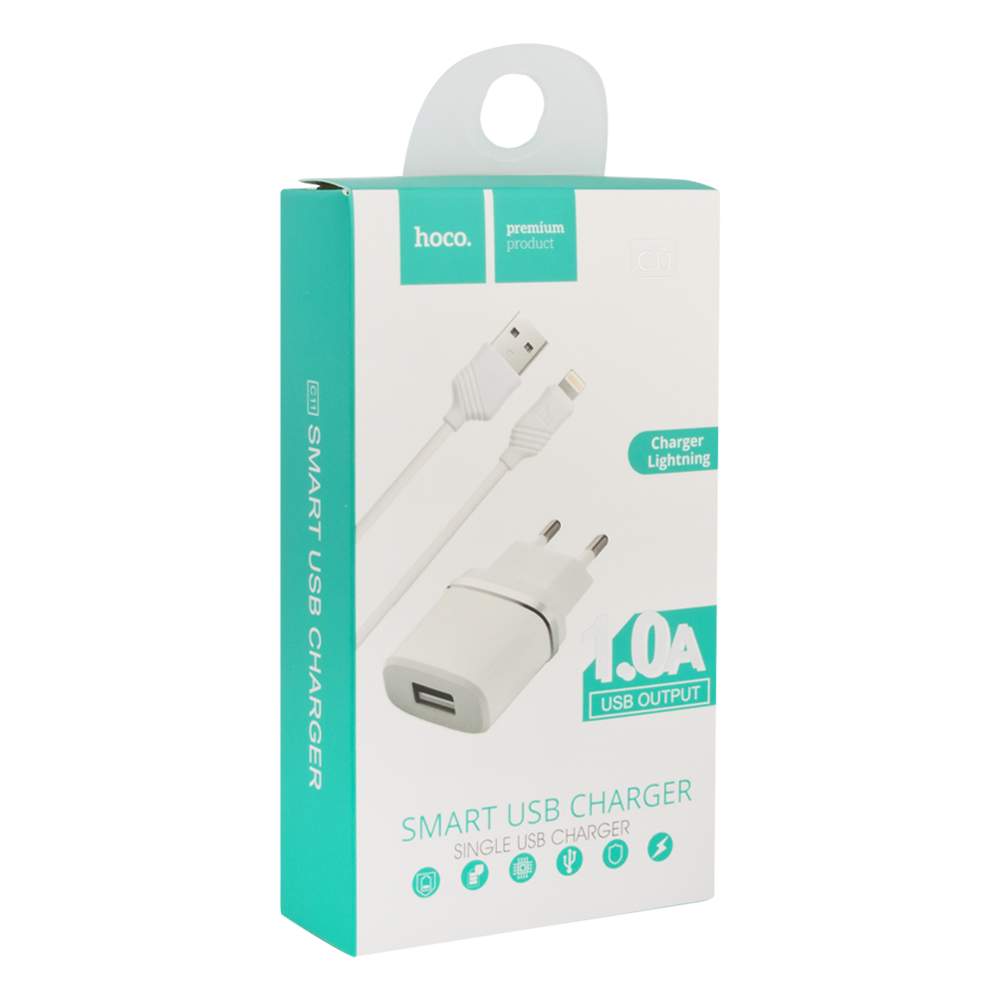 СЗУ (Сетевое зарядное устройство) HOCO C11 Single с кабелем Lightning 8 pin, 1A, 1 USB, длина 1 метр, цвет белый