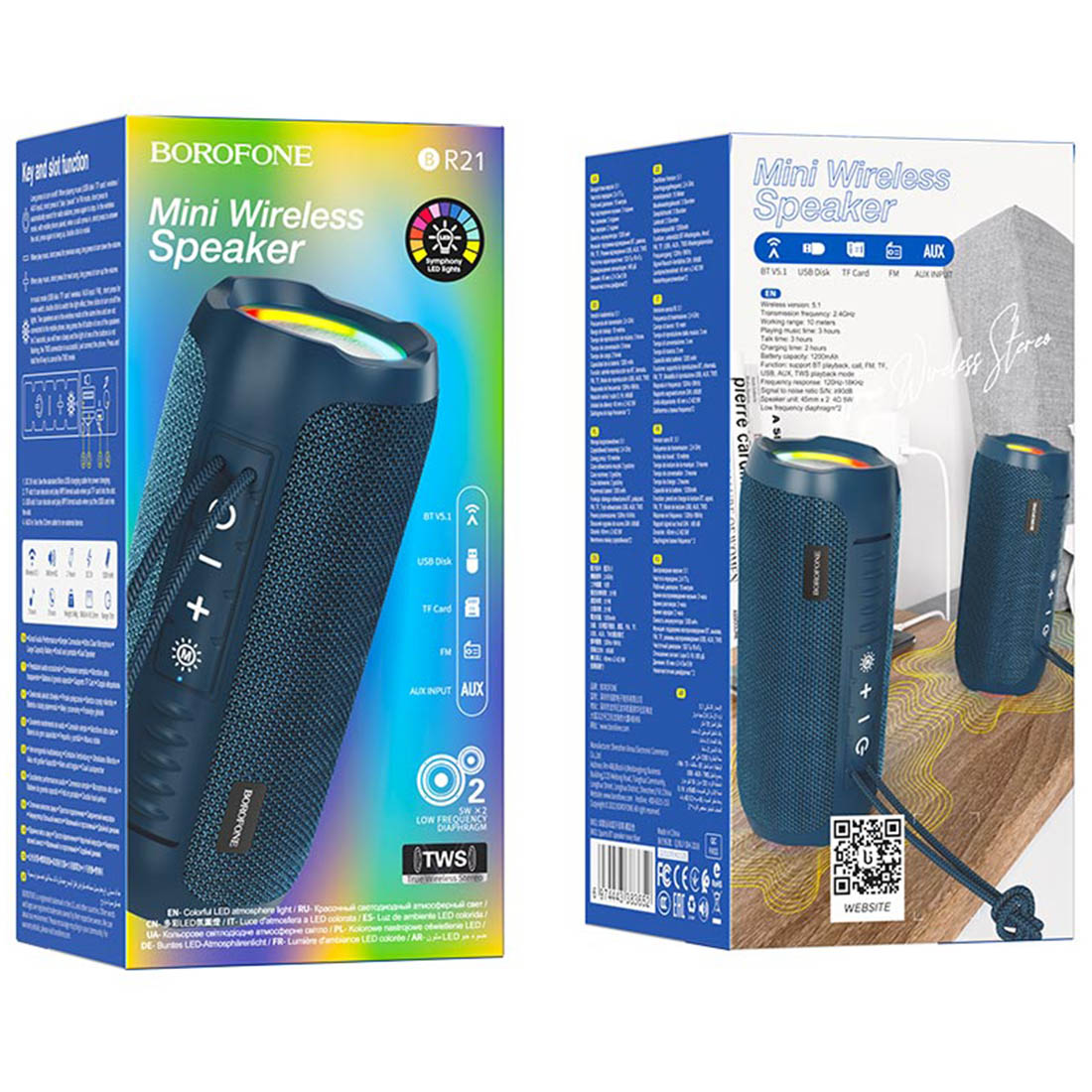 Портативная колонка BOROFONE BR21 Sports, Bluetooth, TF Card, AUX, FM, USB, LED подсветка, цвет темно синий