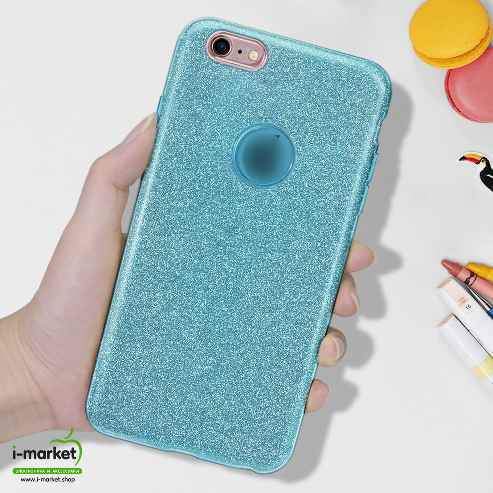 Чехол накладка Shine для APPLE iPhone 7, iPhone 8, силикон, блестки, цвет голубой