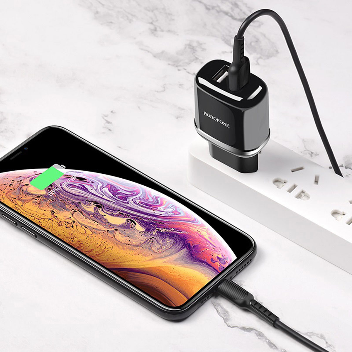 СЗУ (Сетевое зарядное устройство) BOROFONE BA25A Outstanding с кабелем Lightning 8 pin, 2.4A, 2 USB, длина 1 метр, цвет черный