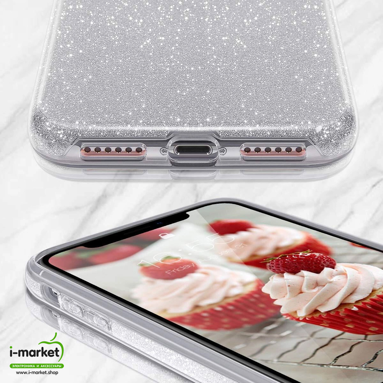 Чехол накладка Shine для APPLE iPhone 11 Pro Max, силикон, блестки, цвет серебристый