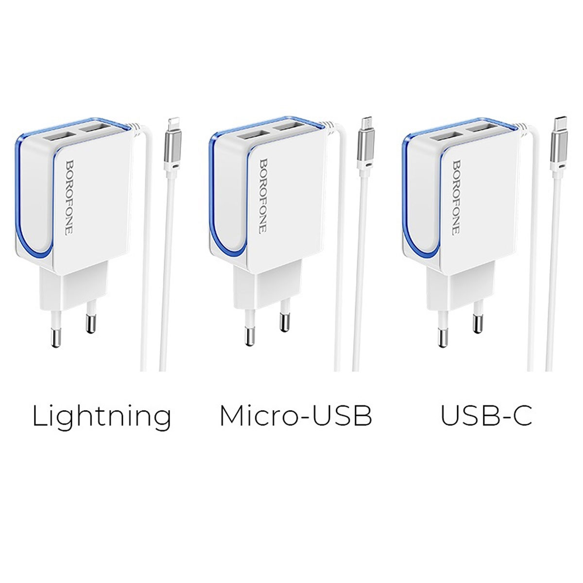 BOROFONE BA35A Brilliant, сетевое зарядное устройство с двумя USB портами, встроенный кабель Type-C, ток 2.1A, цвет белый.
