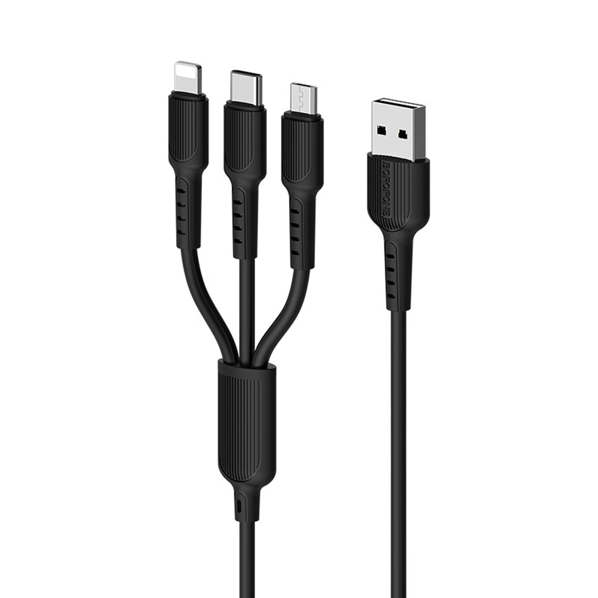 Кабель BOROFONE BX16 Easy Micro USB, Lightning 8 pin, USB Type C, 2.4A, длина 1 метр, силикон, цвет черный