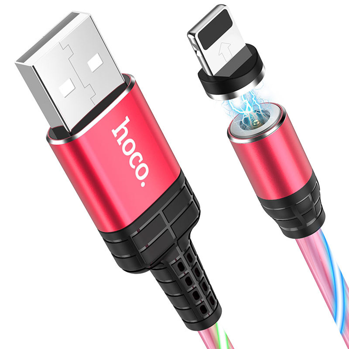 Магнитный зарядный кабель HOCO U90 APPLE Lightning 8 pin, LED подсветка, 2A, длина 1 метр, цвет красный | Последняя цена