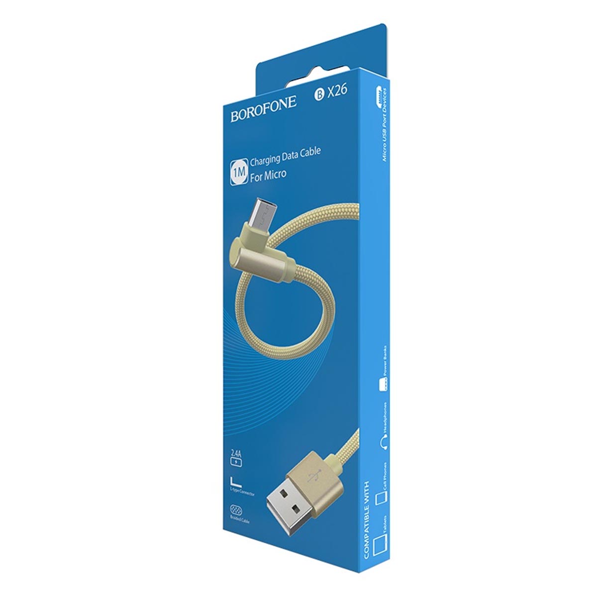 Кабель угловой BOROFONE BX26 Express Micro USB, 2.4А, длина 1 метр, угловой коннектор, тканевая оплетка, цвет золотистый