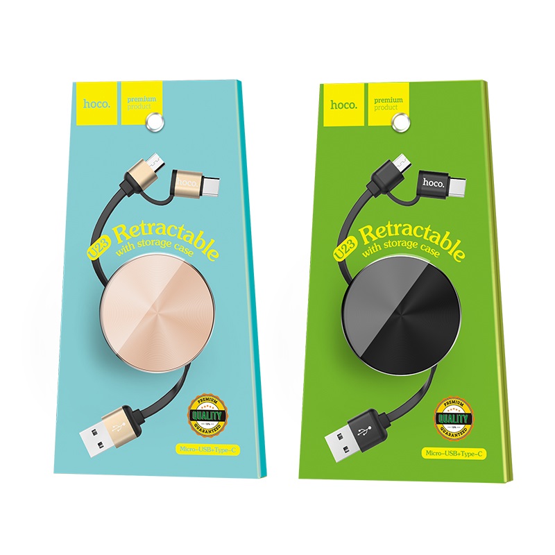 HOCO U23 USB дата-кабель рулетка 2 в 1 Micro-USB + Type-C, цвет чёрный.