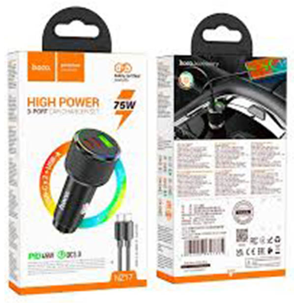 АЗУ (Автомобильное зарядное устройство) с кабелем Type C на Type C HOCO NZ17 Avant-garde, 75W, 2 USB Type C, 1 USB A, PD45W, QC3.0, Led подсветка, цвет черный