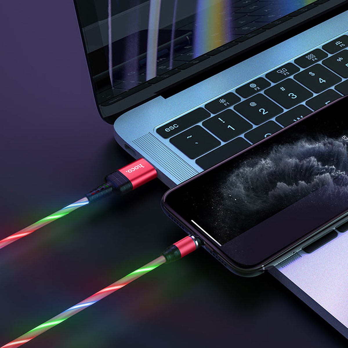 Магнитный зарядный кабель HOCO U90 APPLE Lightning 8 pin, LED подсветка, 2A, длина 1 метр, цвет красный | Последняя цена