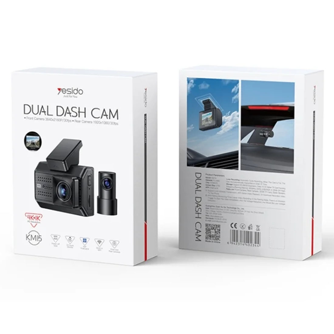 Автомобильный видеорегистратор YESIDO KM15, 4K, 1080P, Wi-Fi, две камеры, карта памяти, цвет черный (распродажа -30%)