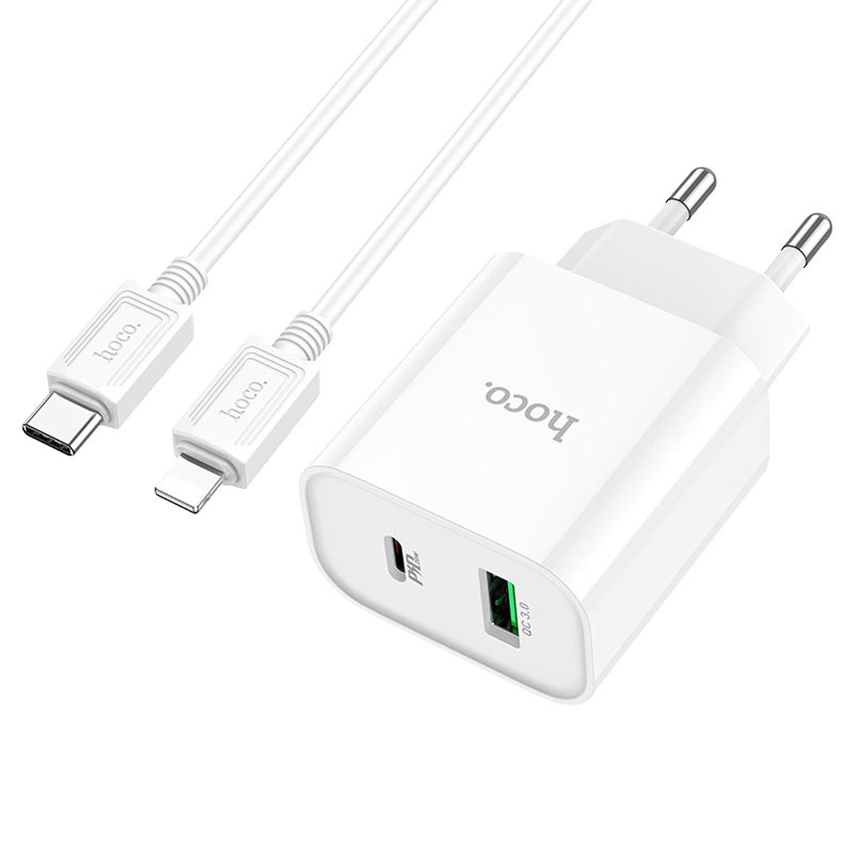 СЗУ (Сетевое зарядное устройство) HOCO C80A Plus Rapido с кабелем USB Type C на Lightning 8 pin, 20W, 1 USB Type C, 1 USB, QC3.0, PD20W, длина 1 метр, цвет белый