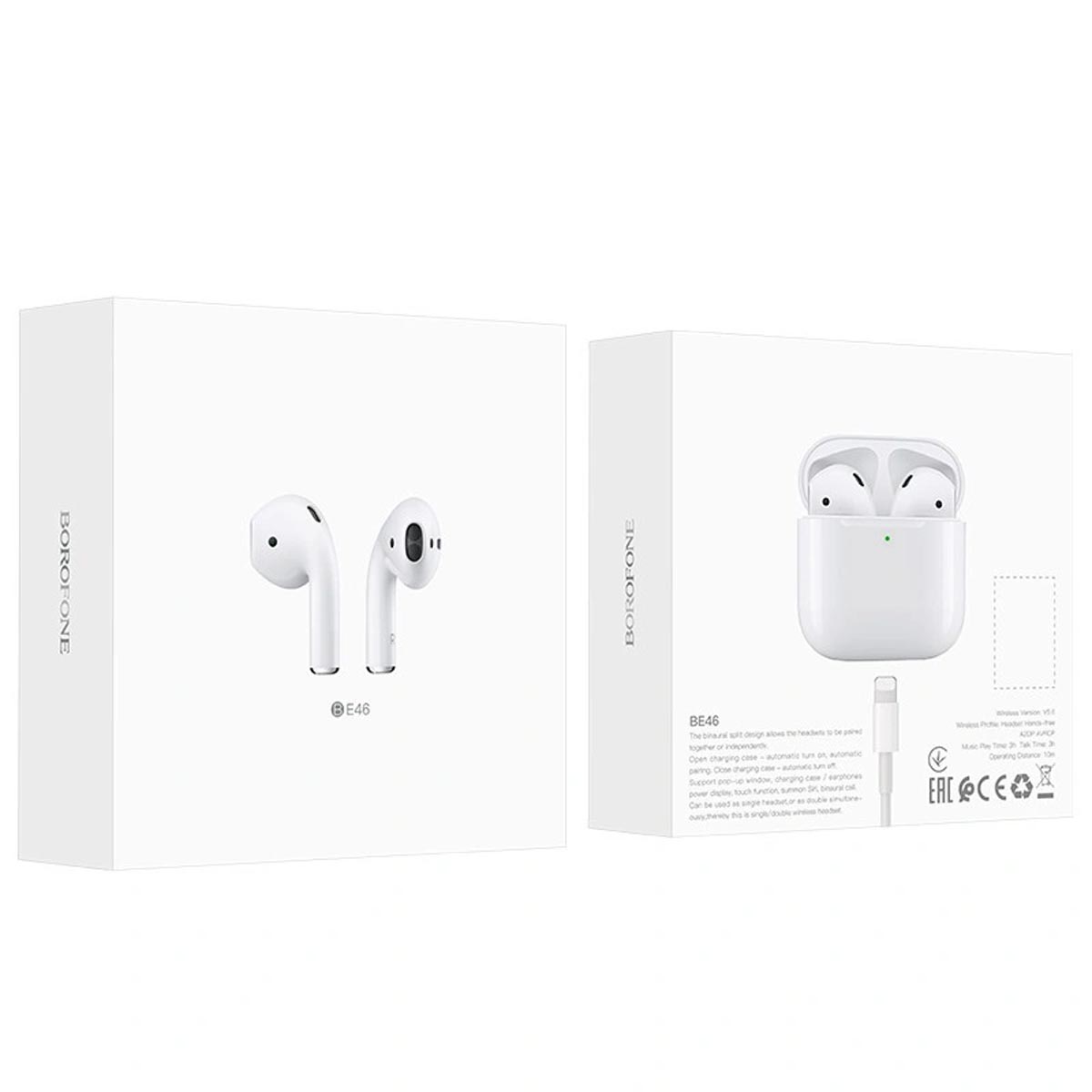 Гарнитура (наушники с микрофоном) беспроводная, BOROFONE BE46 TWS, Bluetooth 5.0, цвет белый