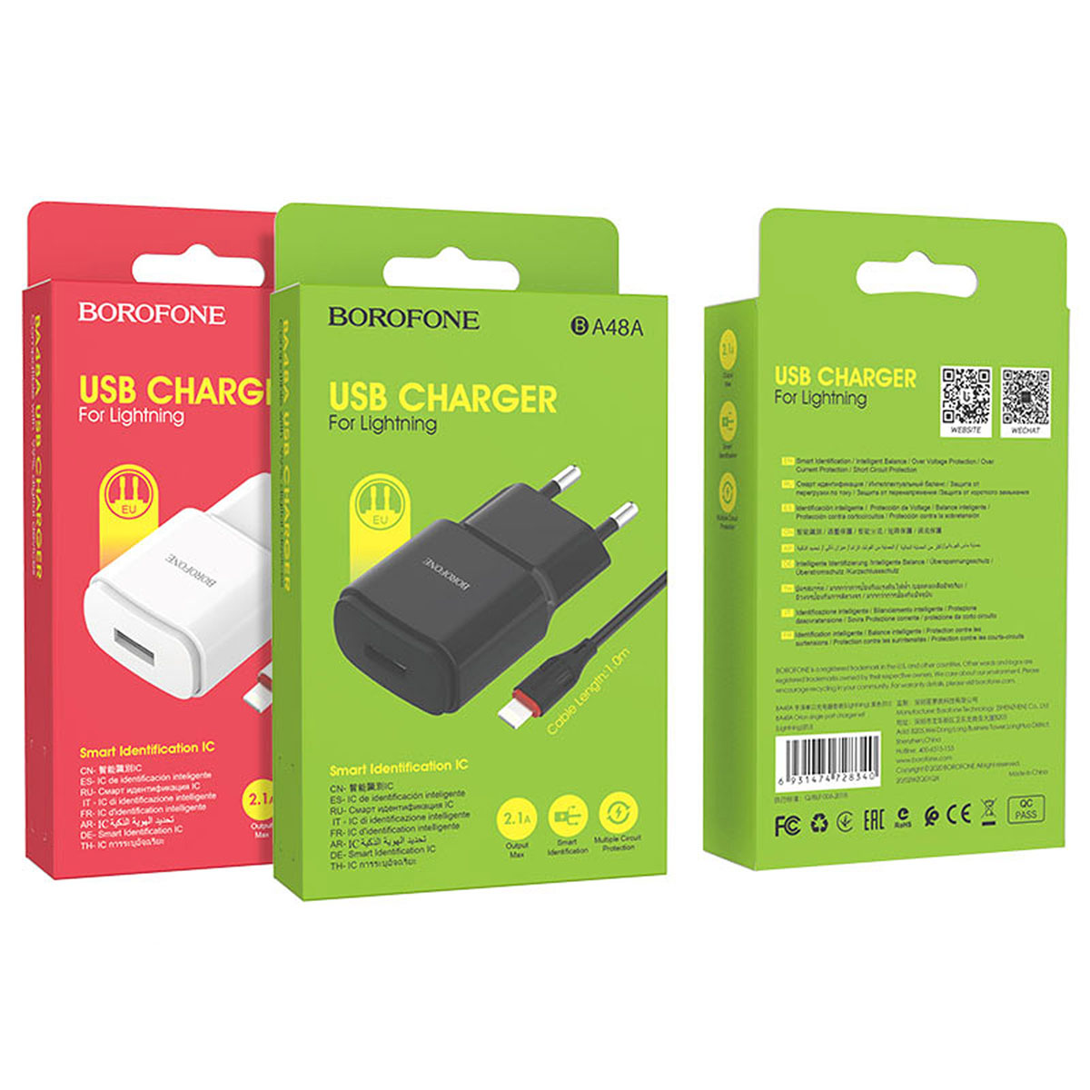 СЗУ (сетевое зарядное устройство) BOROFONE BA48A Orion с кабелем Lightning 8 pin, 2.1A, 1 USB, длина 1 метр, цвет черный