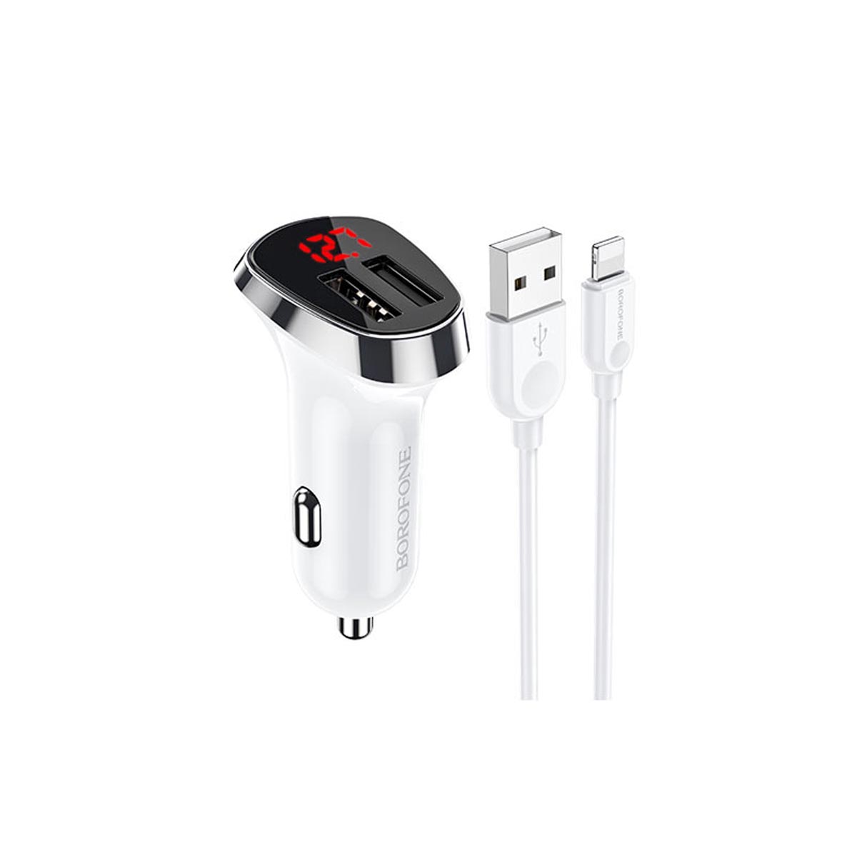 АЗУ (Автомобильное зарядное устройство) BOROFONE BZ15 Auspicious с кабелем APPLE Lightning 8 pin, 2.4А, 12W, 2xUSB, цвет белый