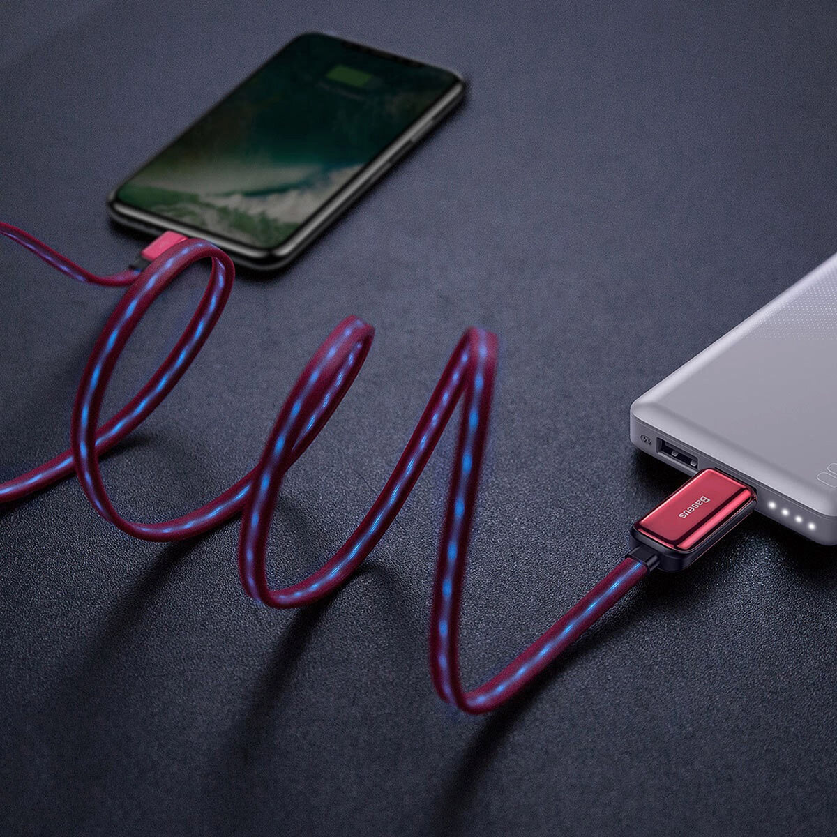 BASEUS CALLG-09 кабель с подсветкой Glowing Data Cable Lightning 8-pin, 2.4A, 1 метр, цвет красный.