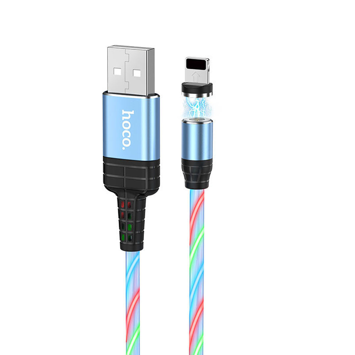 Магнитный зарядный кабель HOCO U90 APPLE Lightning 8 pin, LED подсветка, 2A, длина 1 метр, цвет синий | Все по 150
