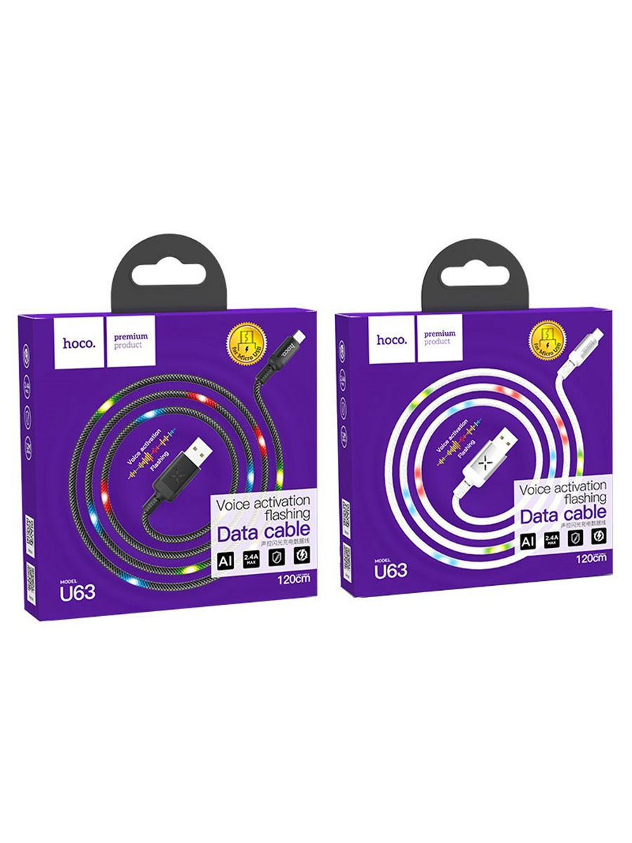 Кабель Micro USB, HOCO U63 Spirit, LED подсветка от звука, 1.2 метра, цвет черный