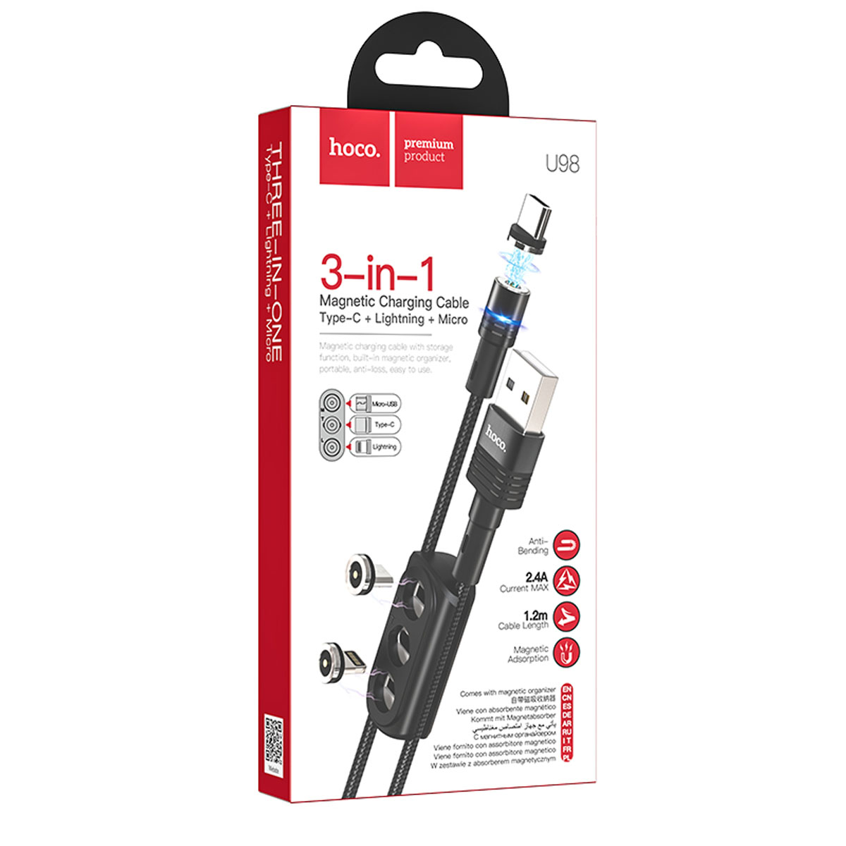 Магнитный зарядный кабель HOCO U98 Sunway 3 in 1 USB на Micro USB, USB Type C, APPLE Lightning 8 pin, 2.4A, длина 1.2 метра, цвет черный | Все по 150