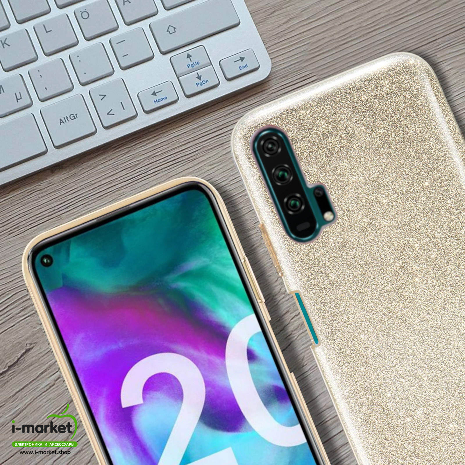 Чехол накладка Shine для HUAWEI Honor 20 Pro, силикон, блестки, цвет золотистый