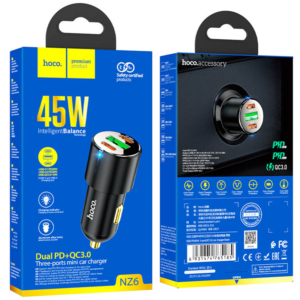АЗУ (Автомобильное зарядное устройство) HOCO NZ6, 45W, 1 USB, 2 USB Type C, PD25W, PD20W, QC3.0, цвет черный