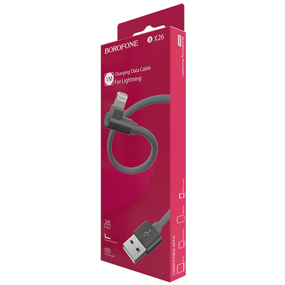 Кабель угловой BOROFONE BX26, APPLE Lightning 8-pin, 2.4А, длина 1 метр, нейлоновая оплетка, угловой коннектор, цвет серый