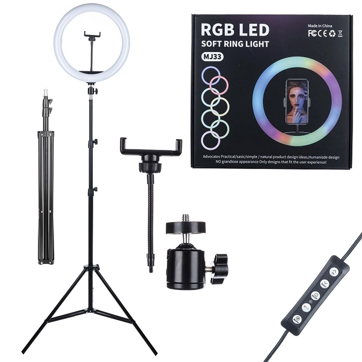 Цветная RGB кольцевая светодиодная лампа MJ33 - 33 см, со штативом 1.9 м