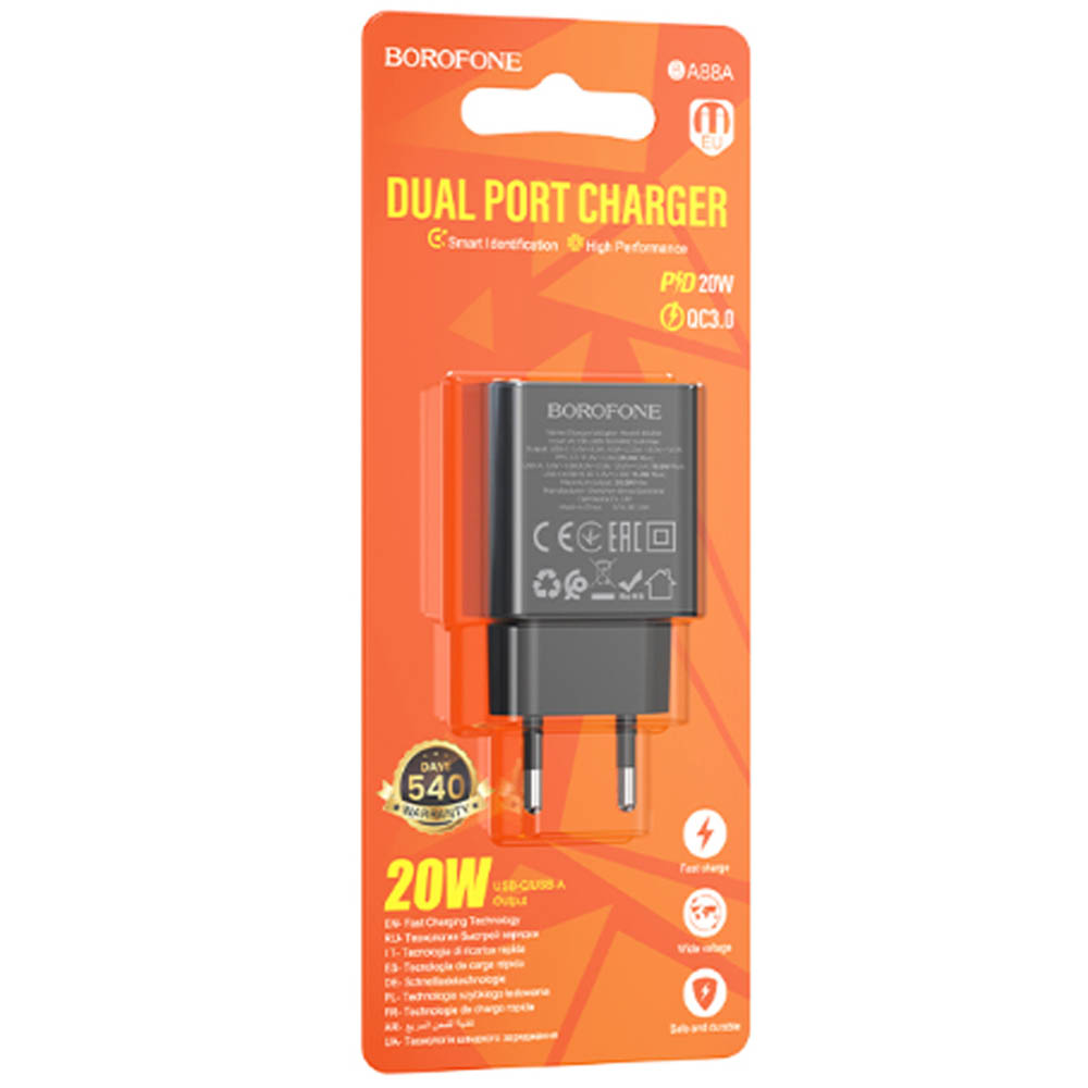 СЗУ (Сетевое зарядное устройство) BOROFONE BA88A 1 Type C, 1 USB, 20W длина 1 метр, цвет черный СЗУ (Сетевое зарядное устройство) BOROFONE BA88A 1 Type C, 1 USB, 20W длина 1 метр, цвет черный