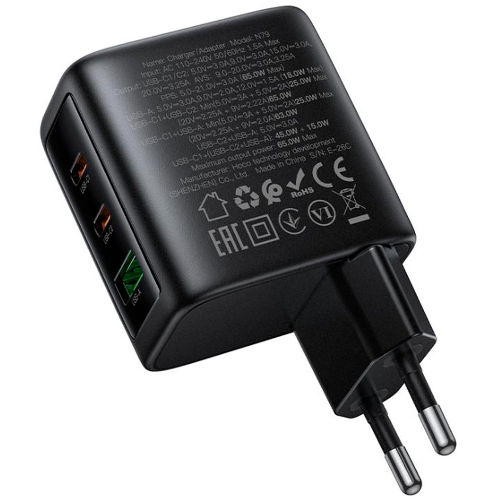 СЗУ (Сетевое зарядное устройство) HOCO N79 GaN Sapiencia, 2 USB Type C, 1 USB A, PD65W, QC3.0 18W, дисплей, кнопка, цвет черный