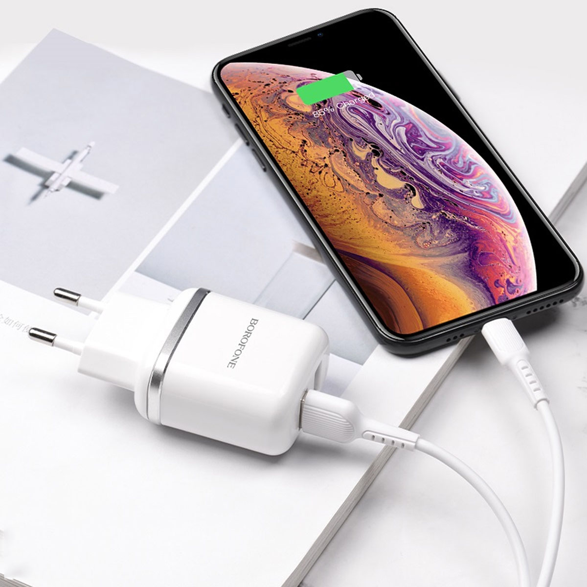 СЗУ (Сетевое зарядное устройство) BOROFONE BA25A с кабелем Lightning 8 pin, 2.4A, 2 USB, длина 1 метр, цвет белый | Последняя цена