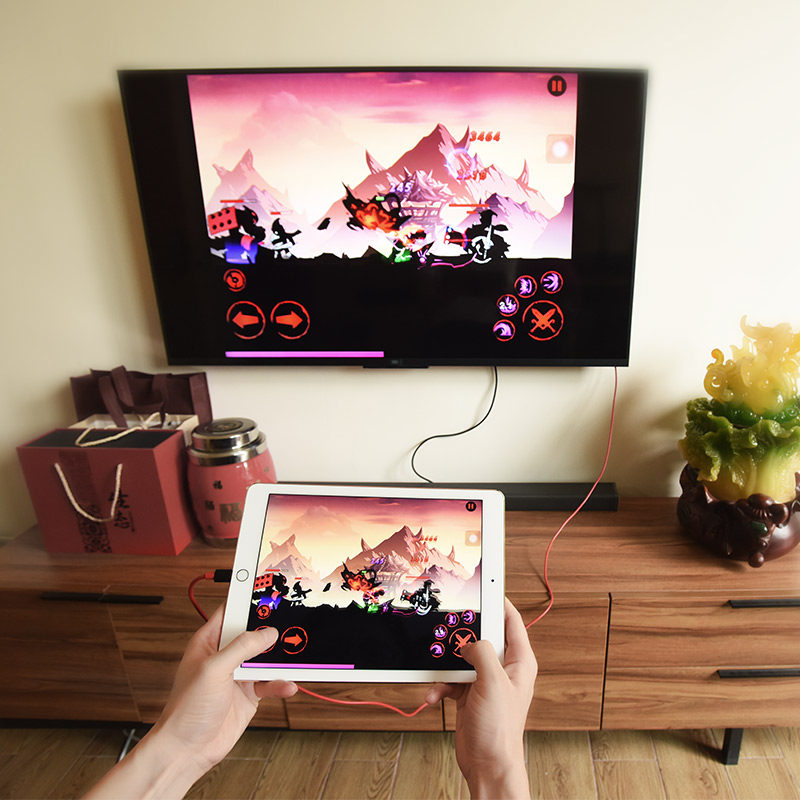HOCO UA4 Apple lightning HDMI кабель-адаптер 2 метра 1080p выход 5V / 1A для вывода видео и аудио сигнала с устройств Apple с Lightning-разъемом, и питанием от USB-A, цвет красно-чёрный.