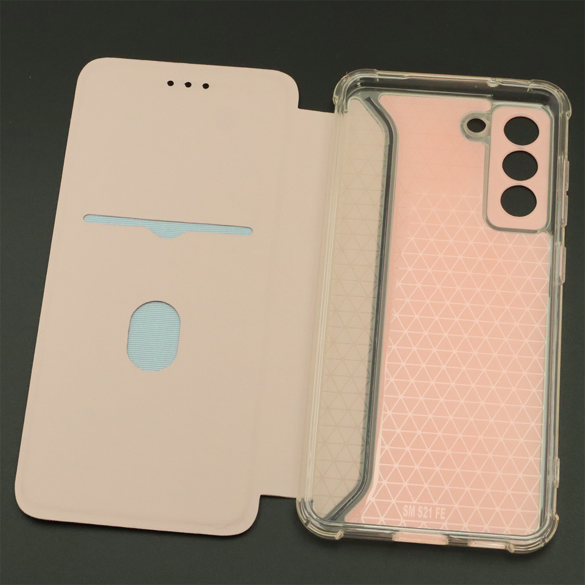 Чехол книжка для SAMSUNG Galaxy S21 FE (SM-G990B), экокожа, визитница, цвет розовый песок