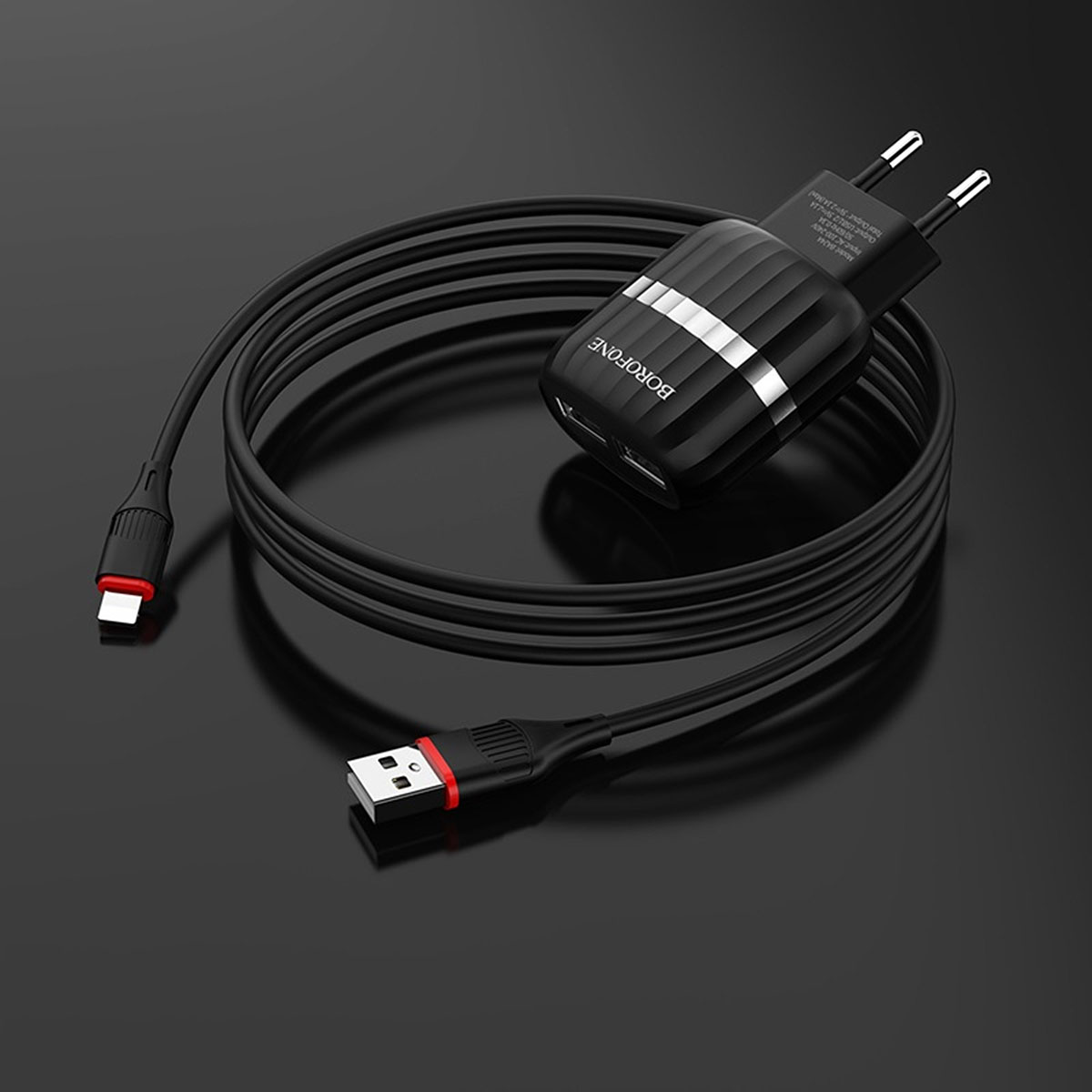BOROFONE BA24A Vigour СЗУ 2 в 1 (сетевое зарядное устройство 5V-2.1A) + кабель APPLE Lightning 8-pin, длина 1 метр, цвет черный.