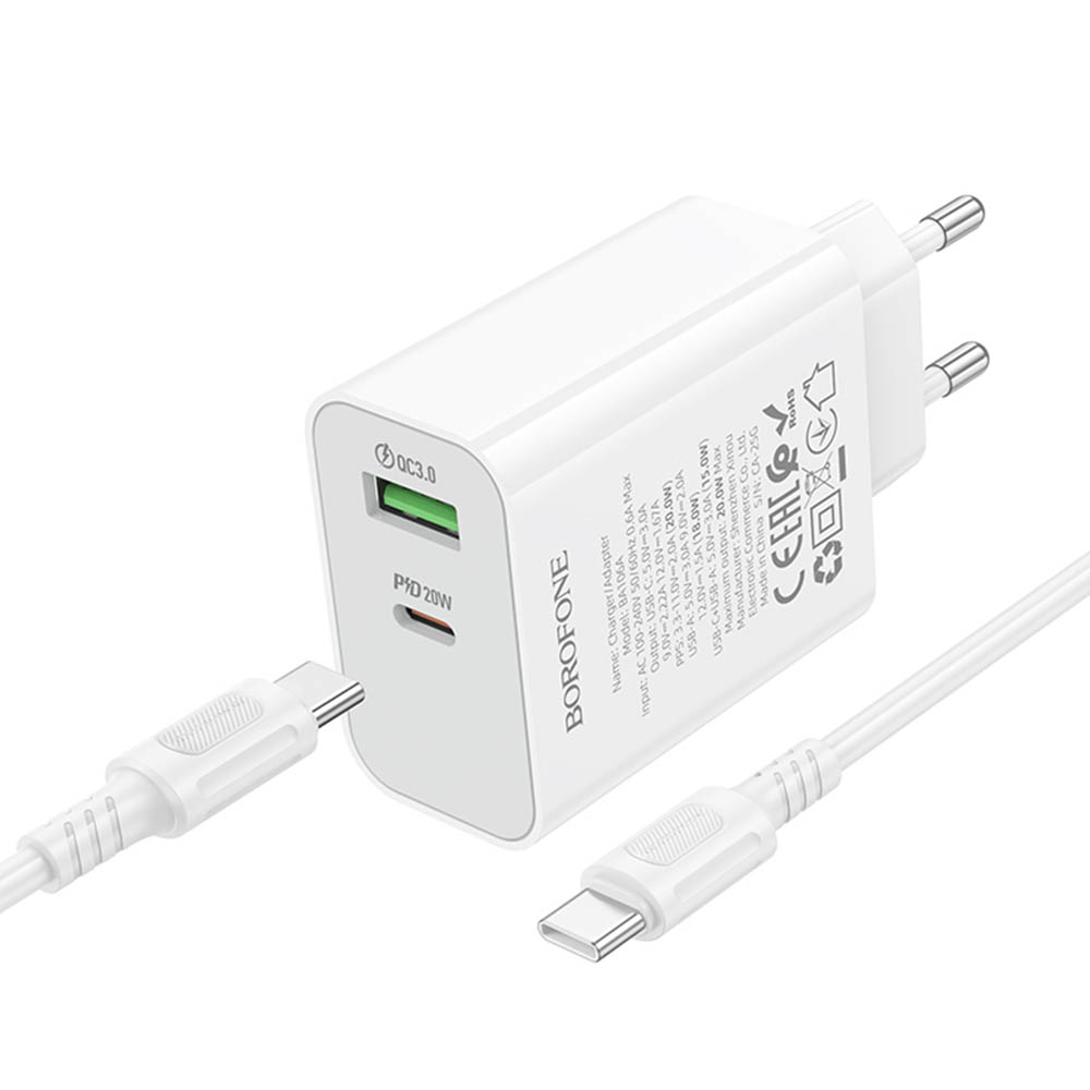 СЗУ (Сетевое зарядное устройство) c кабелем Type C на Type C BOROFONE BA106A Stellar, 20W, 1 USB A 18W, 1 USB Type C 20W, PD20W, QC3.0, длина 1 метр, цвет белый