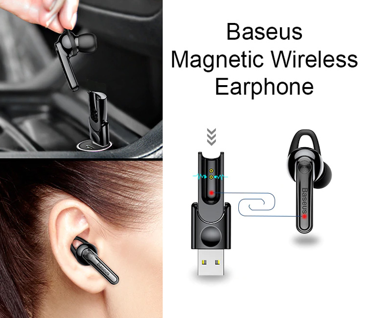 Гарнитура (наушник с микрофоном) беспроводная, BASEUS NGCX-01 Magnetic Wireless Earphone, цвет черный.