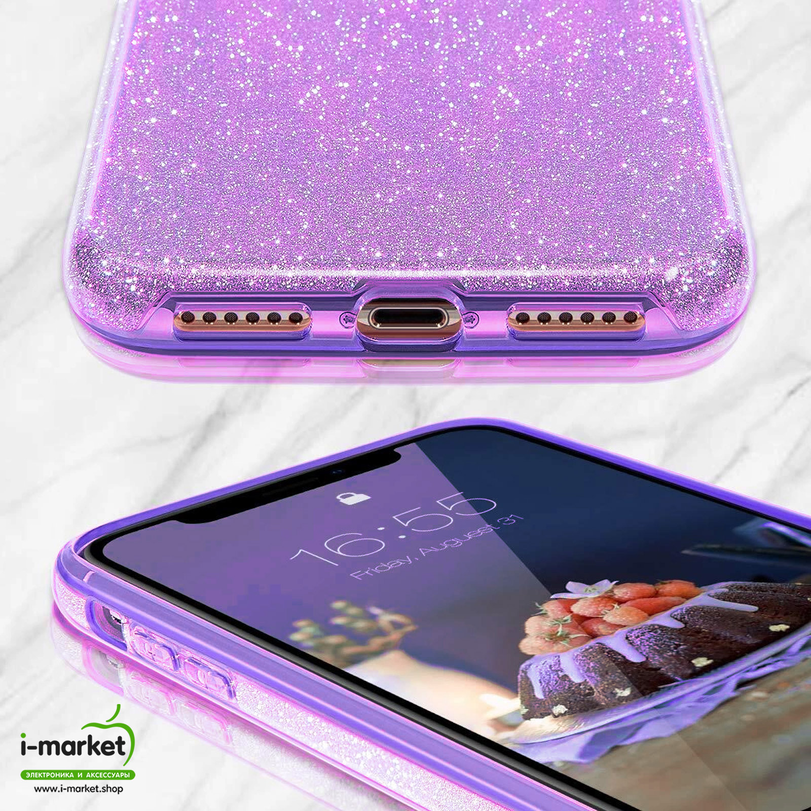 Чехол накладка Shine для APPLE iPhone X, iPhone XS, силикон, блестки, цвет пурпурный