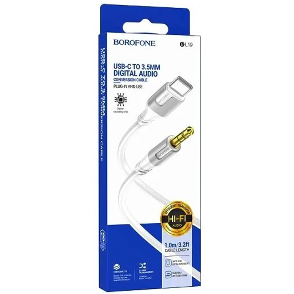 Аудио кабель, переходник BOROFONE BL19 AUX (Jack 3.5 мм) на USB Type C, длина 1 метр, цвет белый Аудио кабель, переходник BOROFONE BL19 AUX (Jack 3.5 мм) на USB Type C, длина 1 метр, цвет белый