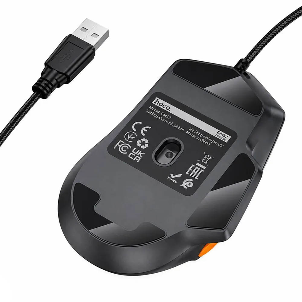 Мышь игровая HOCO GM52 Reddy проводная, оптическая, 12800 DPI, RGB подсветка, цвет черно серый