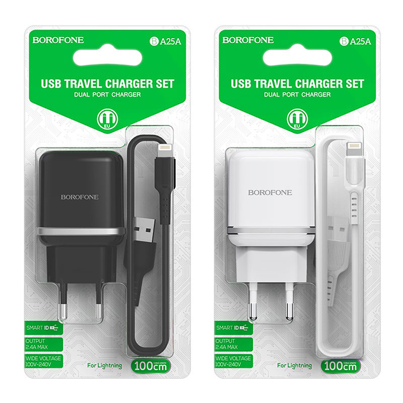 СЗУ (Сетевое зарядное устройство) BOROFONE BA25A Outstanding с кабелем Lightning 8 pin, 2.4A, 2 USB, длина 1 метр, цвет черный