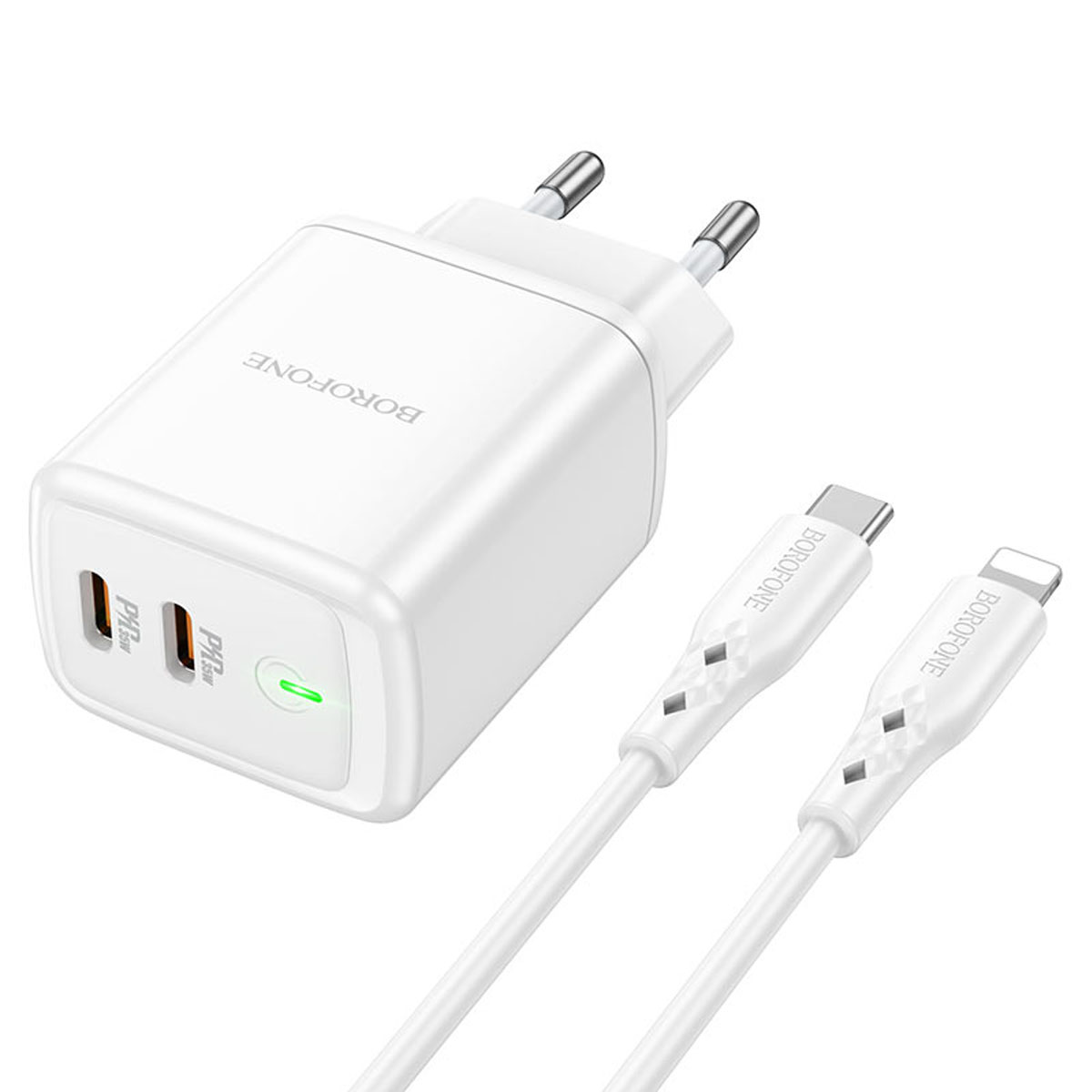СЗУ (Сетевое зарядное устройство) BOROFONE BN9 Reacher с кабелем USB Type C на Lightning 8 pin, 35W, 2 USB Type C, PD35W, QC3.0, длина 1 метр, цвет белый СЗУ (Сетевое зарядное устройство) BOROFONE BN9 Reacher с кабелем USB Type C на Lightning 8 pin, 35W, 2 USB Type C, PD35W, QC3.0, длина 1 метр, цвет белый