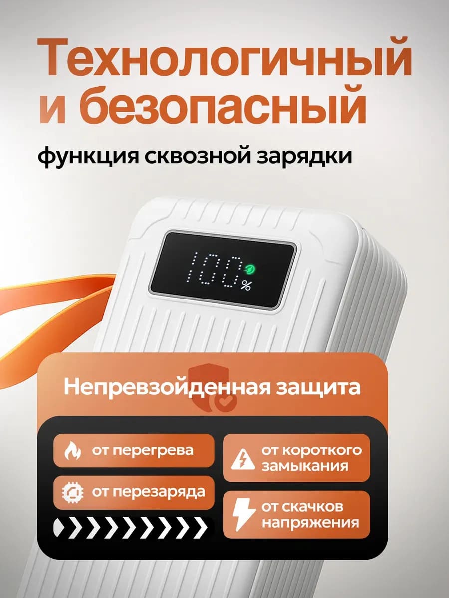 Внешний портативный аккумулятор, Power Bank GAIDI, 50000 mAh, LED дисплей, PD20W, QC3.0, 4 встроенных провода: lightning, micro, USB и type-C, цвет черный