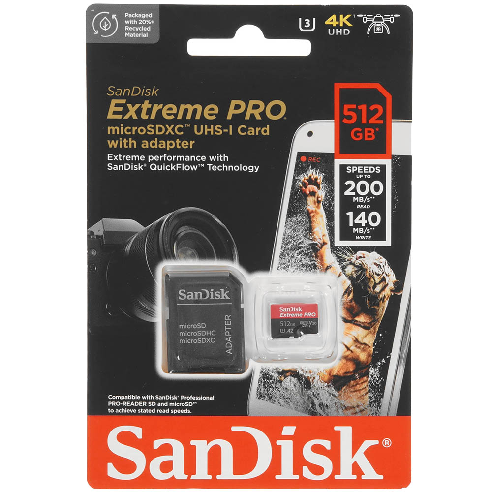Карта памяти MicroSDXC 512GB SANDISK Extreme Pro Class 10 A2 UHS-I (U3) V30, 200 МБ/сек, цвет черно красный