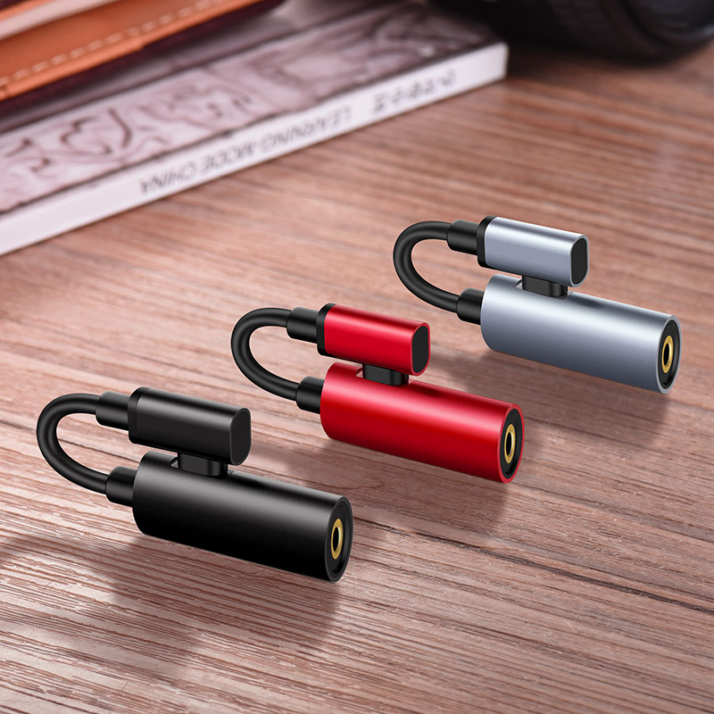 Переходник, аудио адаптер  HOCO LS19, аудио конвертер 2 в 1 Type-C на наушники jack 3.5 и USB Type-C 1.5A, цвет красный.